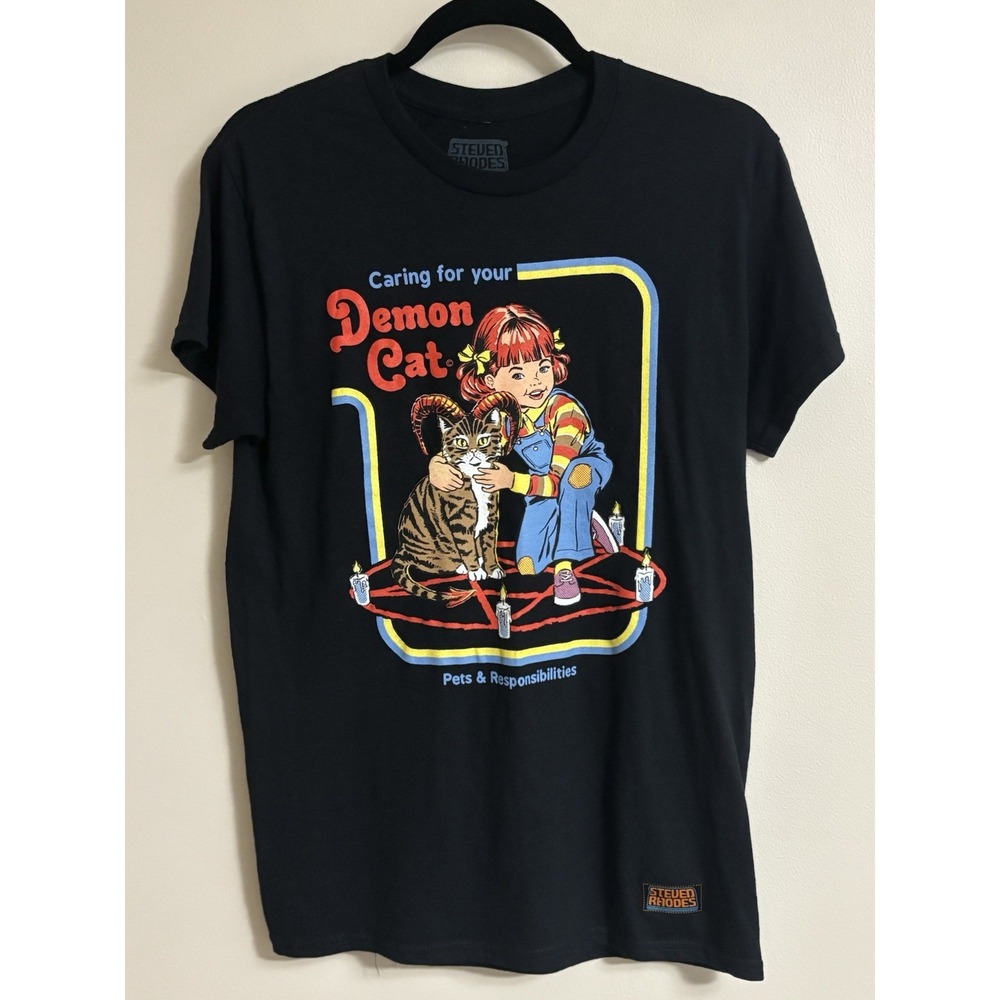 Steven Rhodes Demon Cat T-Shirt Mens Small Black Crewneck
